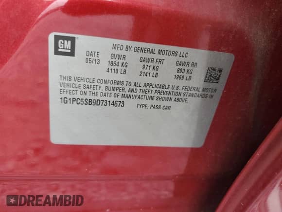 2013 Chevrolet Cruze 1LT with VIN 1G1PC5SB9D7314673, listed as a Copart auction lot 70760635 with 176,203 mi miles and Salvage title. Bid and sale history available at DreamBid. Image 12.