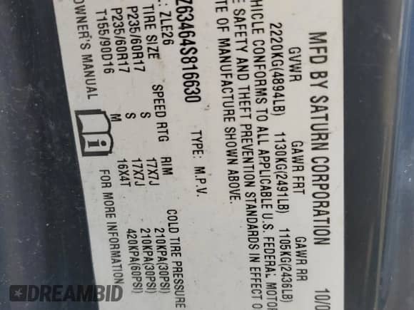 2004 Saturn VUE V6 z VIN 5GZCZ63464S816630, wystawiony jako Copart lot #56488375 z przebiegiem 139 598 mil mil oraz Szkoda całkowita • Salvage title. Historia ofert i sprzedaży dostępna na DreamBid. Obrazek 14.