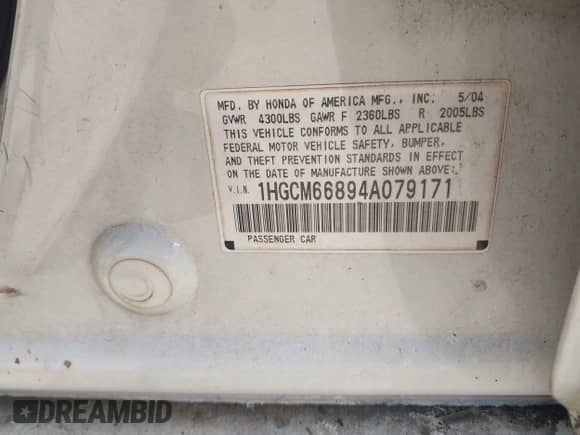 2004 Honda Accord EX with VIN 1HGCM66894A079171, listed as a IAAI auction lot 42848782 with 279,934 mi miles and . Bid and sale history available at DreamBid. Image 9.