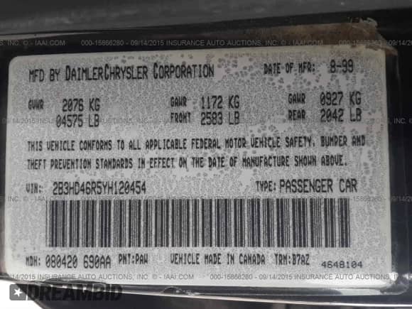 2000 Dodge Intrepid z VIN 2B3HD46R5YH120454, wystawiony jako IAAI lot #15866280 z przebiegiem 142 700 mil mil oraz . Historia ofert i sprzedaży dostępna na DreamBid. Obrazek 9.