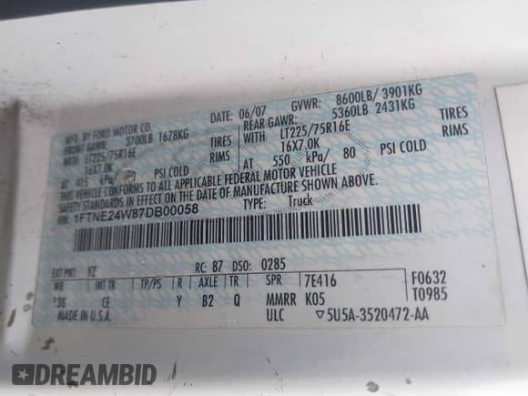 2007 Ford Econoline Cargo Commercial with VIN 1FTNE24W87DB00058, listed as a IAAI auction lot 42342560 with 283,309 mi miles and . Bid and sale history available at DreamBid. Image 9.