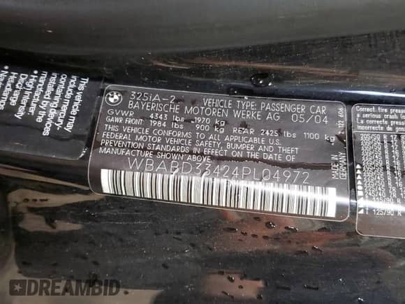 2004 BMW 3 Series 325Ci with VIN WBABD33424PL04972, listed as a Copart auction lot 90369695 with 76,476 mi miles and Salvage title. Bid and sale history available at DreamBid. Image 12.