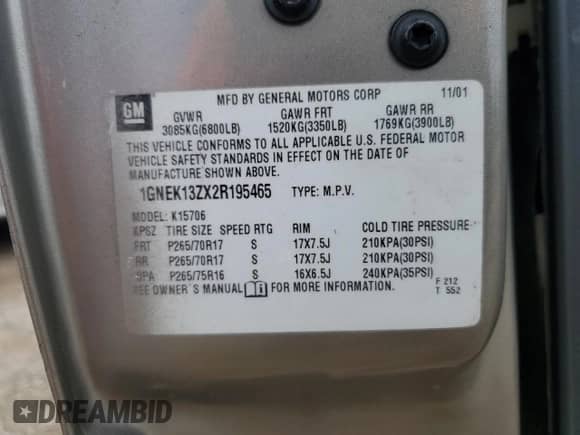2002 Chevrolet Tahoe Z71 с VIN 1GNEK13ZX2R195465, выставлен на аукционе Copart как лот 60247625 с пробегом 290 848 миль миль и Списание • Salvage title. История ставок и продаж доступна на DreamBid. Изображение 13.