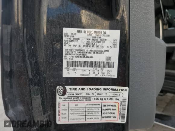 2012 Ford F-150 Platinum с VIN 1FTFW1ET7CFA80996, выставлен на аукционе Copart как лот 82487225 с пробегом 275 176 миль миль и Списание • Salvage title. История ставок и продаж доступна на DreamBid. Изображение 13.