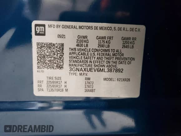 2021 Chevrolet Equinox LT with VIN 3GNAXUEV6ML387892, listed as a Copart auction lot 68017205 with 134,051 mi miles and Salvage title. Bid and sale history available at DreamBid. Image 13.