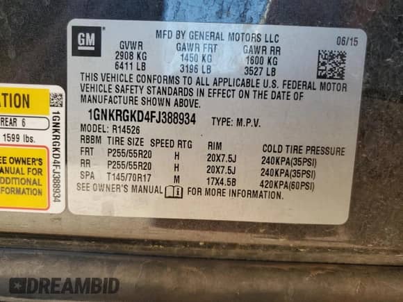 2015 Chevrolet Traverse LT с VIN 1GNKRGKD4FJ388934, выставлен на аукционе Copart как лот 84790415 с пробегом 207 799 миль миль и Списание • Salvage title. История ставок и продаж доступна на DreamBid. Изображение 13.