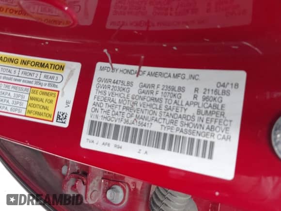 2018 Honda Accord Sport z VIN 1HGCV1F36JA156417, wystawiony jako IAAI lot #43007503 z przebiegiem 118 894 mil mil oraz . Historia ofert i sprzedaży dostępna na DreamBid. Obrazek 9.