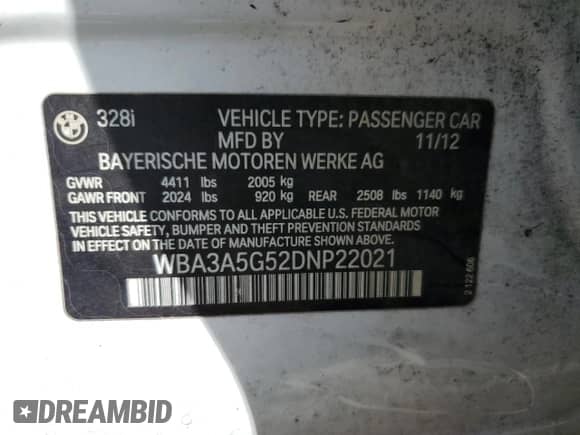 2013 BMW 3 Series 328i с VIN WBA3A5G52DNP22021, выставлен на аукционе Copart как лот 84760435 с пробегом 228 225 миль миль и Списание • Salvage title. История ставок и продаж доступна на DreamBid. Изображение 12.