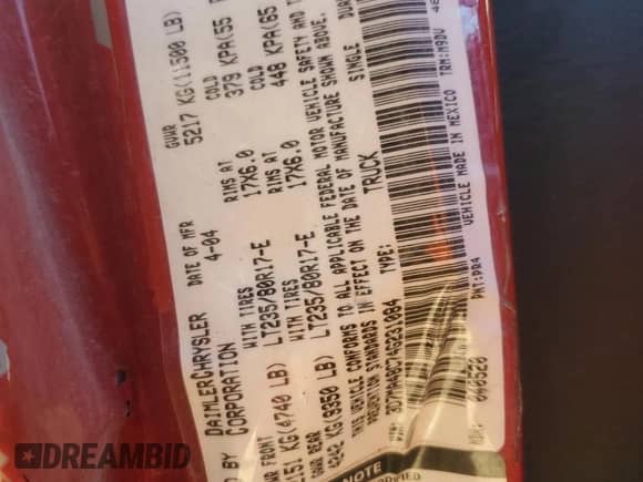 2004 Dodge 3500 SLT with VIN 3D7MA48C74G231084, listed as a Copart auction lot 87161804 with 238,528 mi miles and Salvage title. Bid and sale history available at DreamBid. Image 12.