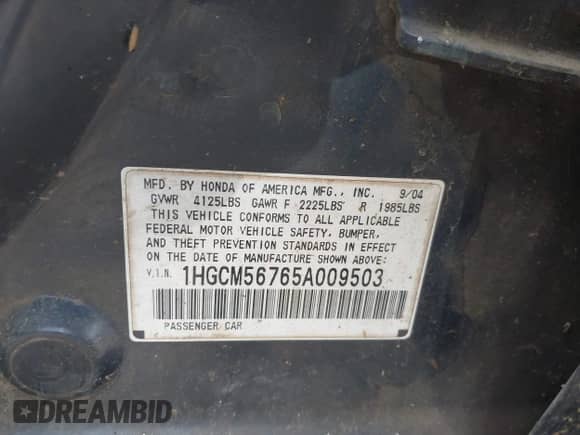 2005 Honda Accord EX with VIN 1HGCM56765A009503, listed as a IAAI auction lot 42649286 with Not provided miles and . Bid and sale history available at DreamBid. Image 9.