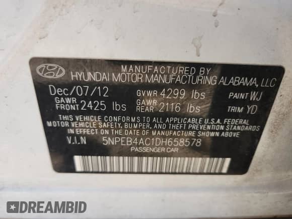 2013 Hyundai Sonata GLS с VIN 5NPEB4AC1DH658578, выставлен на аукционе Copart как лот 81292195 с пробегом 108 304 миль миль и Списание • Salvage title. История ставок и продаж доступна на DreamBid. Изображение 12.