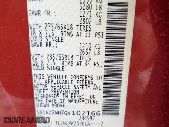 2016 Nissan Murano Platinum with VIN 5N1AZ2MH7GN102166, listed as a Copart auction lot 82061675 with 91,510 mi miles and Clean title. Bid and sale history available at DreamBid. Image 13.