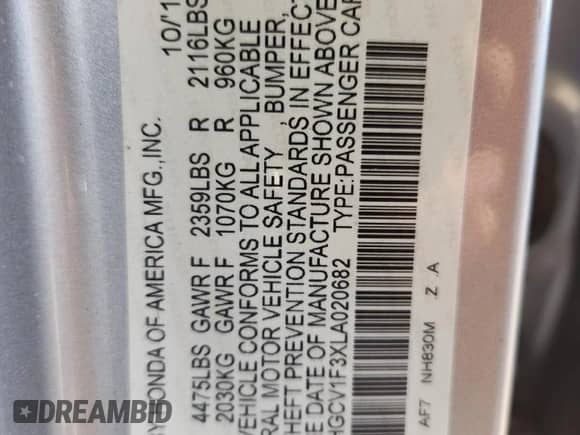 2020 Honda Accord Sport с VIN 1HGCV1F3XLA020682, выставлен на аукционе Copart как лот 80911685 с пробегом 146 833 миль миль и Списание • Salvage title. История ставок и продаж доступна на DreamBid. Изображение 12.