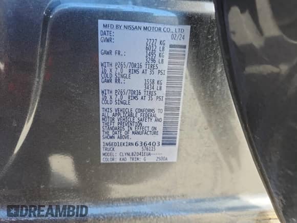 2024 Nissan Frontier Pro-4X with VIN 1N6ED1EK1RN636403, listed as a Copart auction lot 69054675 with 32,070 mi miles and Salvage title. Bid and sale history available at DreamBid. Image 12.