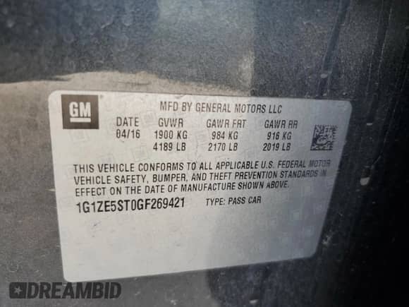 2016 Chevrolet Malibu LT with VIN 1G1ZE5ST0GF269421, listed as a Copart auction lot 69372325 with 93,272 mi miles and Salvage title. Bid and sale history available at DreamBid. Image 12.