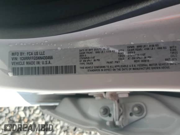 2022 Ram 1500 Big Horn z VIN 1C6RRFFG5NN430466, wystawiony jako Copart lot #80661565 z przebiegiem 25 301 mil mil oraz Szkoda całkowita • Salvage title. Historia ofert i sprzedaży dostępna na DreamBid. Obrazek 13.