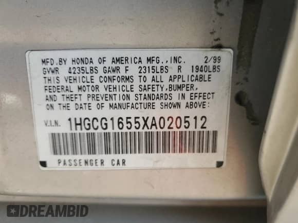 1999 Honda Accord EX z VIN 1HGCG1655XA020512, wystawiony jako Copart lot #68298815 z przebiegiem 171 947 mil mil oraz Szkoda całkowita • Salvage title. Historia ofert i sprzedaży dostępna na DreamBid. Obrazek 12.