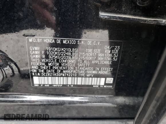 2023 Honda HR-V LX with VIN 3CZRZ1H30PM742210, listed as a Copart auction lot 54384365 with 21,962 mi miles and Salvage title. Bid and sale history available at DreamBid. Image 14.