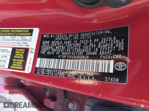 2013 Toyota Camry L with VIN 4T1BF1FKXDU668839, listed as a IAAI auction lot 43044573 with 286,919 mi miles and . Bid and sale history available at DreamBid. Image 9.