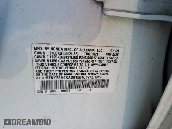2010 Honda Pilot EX with VIN 5FNYF3H4XAB012816, listed as a Copart auction lot 67298095 with 249,990 mi miles and Salvage title. Bid and sale history available at DreamBid. Image 12.