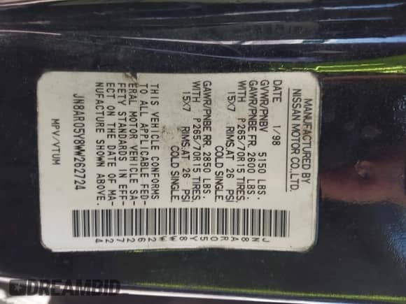1998 Nissan Pathfinder XE with VIN JN8AR05Y8WW262724, listed as a IAAI auction lot 42009900 with 283,353 mi miles and . Bid and sale history available at DreamBid. Image 9.