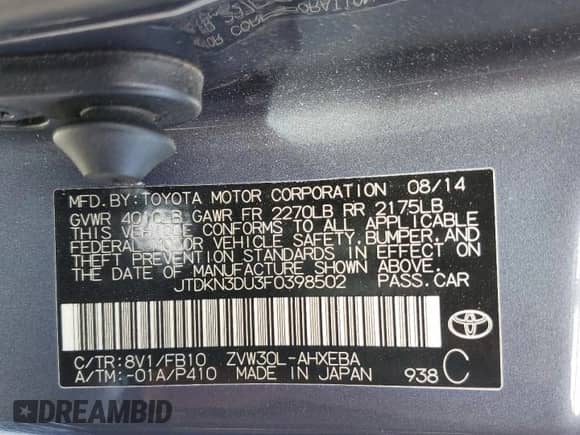 2015 Toyota Prius Two with VIN JTDKN3DU3F0398502, listed as a Copart auction lot 84655455 with 284,344 mi miles and Salvage title. Bid and sale history available at DreamBid. Image 13.