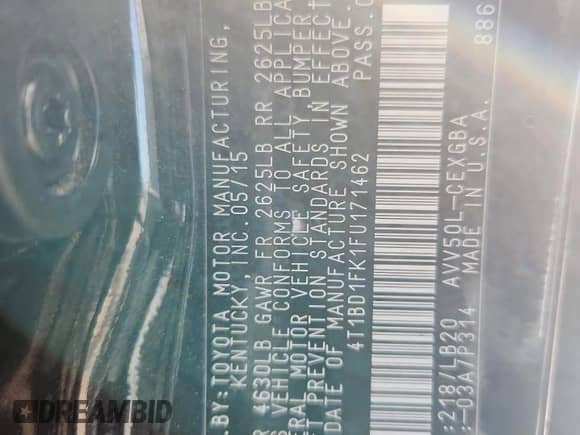 2015 Toyota Camry LE с VIN 4T1BD1FK1FU171462, выставлен на аукционе Copart как лот 84963815 с пробегом 114 741 миль миль и Списание • Salvage title. История ставок и продаж доступна на DreamBid. Изображение 12.