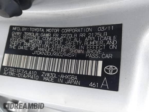 2011 Toyota Prius I with VIN JTDKN3DU9B0294591, listed as a IAAI auction lot 43316236 with 272,855 mi miles and . Bid and sale history available at DreamBid. Image 9.