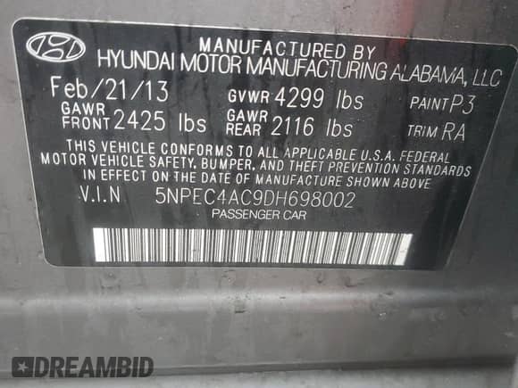 2013 Hyundai Sonata Limited с VIN 5NPEC4AC9DH698002, выставлен на аукционе Copart как лот 81353205 с пробегом 176 186 миль миль и Списание • Salvage title. История ставок и продаж доступна на DreamBid. Изображение 12.