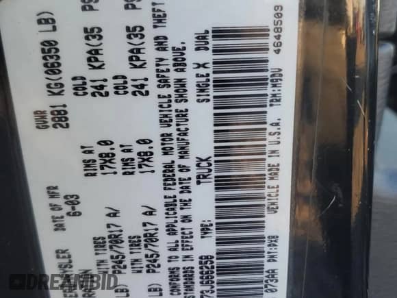 2003 Dodge 1500 ST with VIN 1D7HA16D73J666258, listed as a Copart auction lot 88913815 with 188,452 mi miles and Salvage title. Bid and sale history available at DreamBid. Image 15.