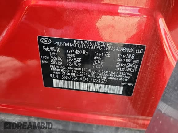 2020 Hyundai Santa Fe SEL with VIN 5NMS3CAD4LH224377, listed as a Copart auction lot 69578595 with 61,433 mi miles and Salvage title. Bid and sale history available at DreamBid. Image 12.