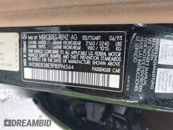 1993 Mercedes-Benz 300 с VIN WDBEB28E3PB996564, выставлен на аукционе IAAI как лот 41807504 с пробегом 132 180 миль миль и . История ставок и продаж доступна на DreamBid. Изображение 9.