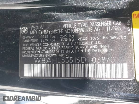 2006 BMW 7 Series 750i with VIN WBAHL83516DT03870, listed as a IAAI auction lot 42273354 with Not provided miles and . Bid and sale history available at DreamBid. Image 9.