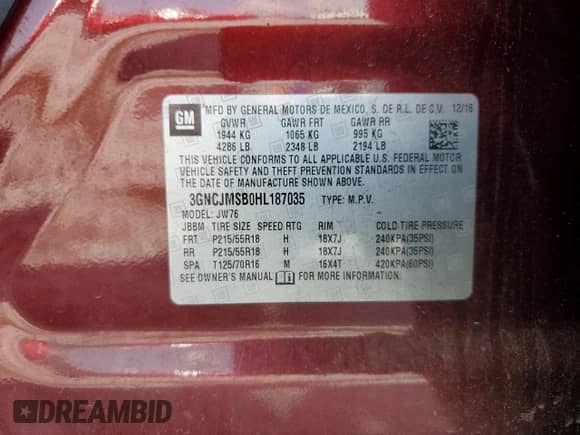 2017 Chevrolet Trax Premier with VIN 3GNCJMSB0HL187035, listed as a Copart auction lot 57125535 with Not provided miles and Salvage title. Bid and sale history available at DreamBid. Image 13.