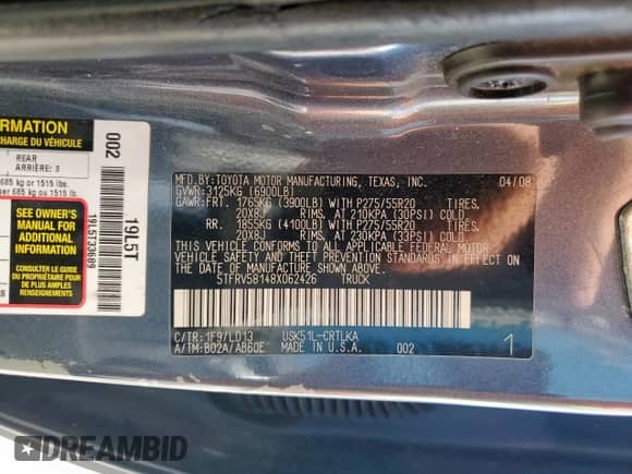 2008 Toyota Tundra Limited with VIN 5TFRV58148X062426, listed as a Copart auction lot 80232935 with Not provided miles and Salvage title. Bid and sale history available at DreamBid. Image 12.