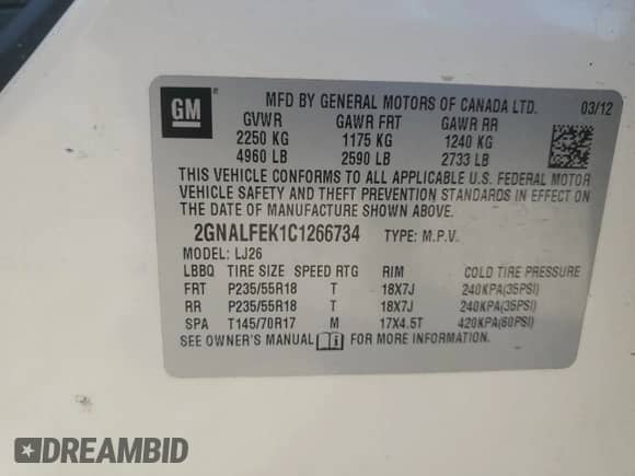 2012 Chevrolet Equinox LTZ z VIN 2GNALFEK1C1266734, wystawiony jako Copart lot #81505635 z przebiegiem Nie podano mil oraz Szkoda całkowita • Salvage title. Historia ofert i sprzedaży dostępna na DreamBid. Obrazek 14.