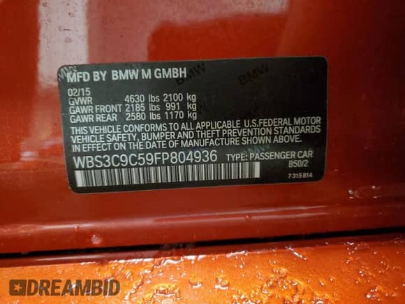 2015 BMW M3 z VIN WBS3C9C59FP804936, wystawiony jako Copart lot #87036694 z przebiegiem 92 518 mil mil oraz Nie do naprawy • Non repairable. Historia ofert i sprzedaży dostępna na DreamBid. Obrazek 13.