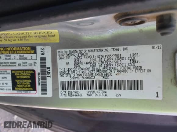 2012 Toyota Tundra с VIN 5TFRM5F13CX040738, выставлен на аукционе IAAI как лот 42898153 с пробегом 302 243 миль миль и . История ставок и продаж доступна на DreamBid. Изображение 9.
