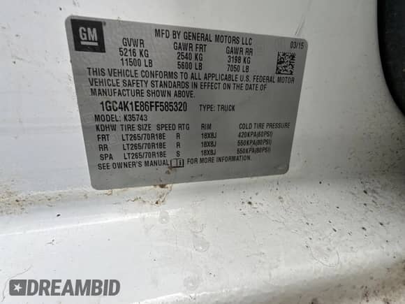 2015 Chevrolet Silverado 3500HD High Country с VIN 1GC4K1E86FF585320, выставлен на аукционе Copart как лот 45056365 с пробегом 184 776 миль миль и Списание • Salvage title. История ставок и продаж доступна на DreamBid. Изображение 10.