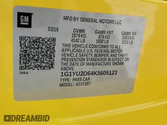 2019 Chevrolet Corvette Z06 3LZ with VIN 1G1YU2D64K5605123, listed as a Copart auction lot 74478664 with 10,124 mi miles and Salvage title. Bid and sale history available at DreamBid. Image 13.