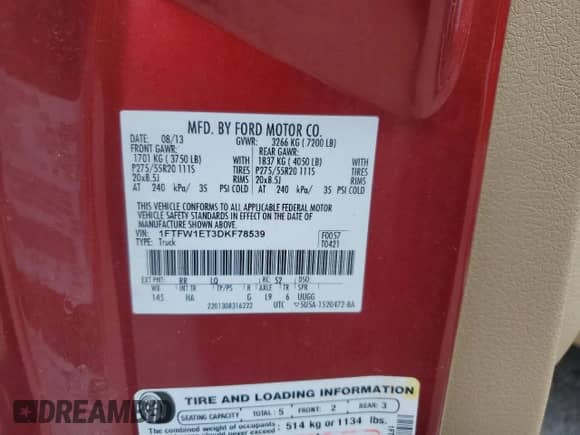 2013 Ford F-150 Lariat with VIN 1FTFW1ET3DKF78539, listed as a Copart auction lot 90242315 with 184,594 mi miles and Clean title. Bid and sale history available at DreamBid. Image 12.