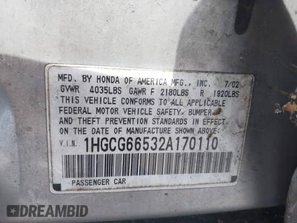 2002 Honda Accord LX with VIN 1HGCG66532A170110, listed as a IAAI auction lot 42784361 with 200,115 mi miles and . Bid and sale history available at DreamBid. Image 9.