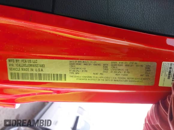 2021 Jeep Wrangler Unlimited Rubicon 392 with VIN 1C4JJXSJ0MW827483, listed as a IAAI auction lot 42060337 with 34,625 mi miles and . Bid and sale history available at DreamBid. Image 9.