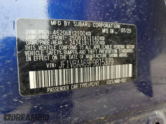 2023 Subaru WRX with VIN JF1VBAA69P9815379, listed as a Copart auction lot 66491465 with 24,836 mi miles and Salvage title. Bid and sale history available at DreamBid. Image 12.