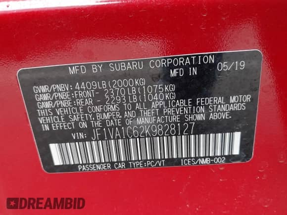 2019 Subaru WRX Premium with VIN JF1VA1C62K9828127, listed as a IAAI auction lot 42909470 with 60,541 mi miles and . Bid and sale history available at DreamBid. Image 9.