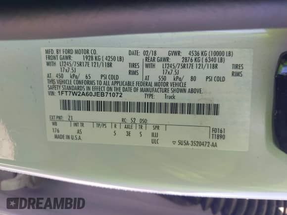 2018 Ford F-250 XL z VIN 1FT7W2A60JEB71072, wystawiony jako IAAI lot #42613228 z przebiegiem 134 180 mil mil oraz . Historia ofert i sprzedaży dostępna na DreamBid. Obrazek 9.