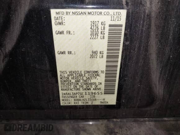 2016 Nissan Altima SR z VIN 1N4AL3AP7GC119655, wystawiony jako IAAI lot #43090520 z przebiegiem Nie podano mil oraz . Historia ofert i sprzedaży dostępna na DreamBid. Obrazek 9.