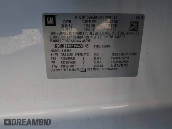 2014 Chevrolet Silverado 1500 LTZ with VIN 1GCVKSEC6EZ253146, listed as a IAAI auction lot 43368232 with 136,880 mi miles and . Bid and sale history available at DreamBid. Image 9.