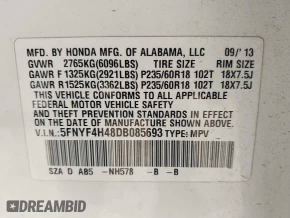 2013 Honda Pilot EX с VIN 5FNYF4H48DB085693, выставлен на аукционе IAAI как лот 43054963 с пробегом 181 442 миль миль и . История ставок и продаж доступна на DreamBid. Изображение 9.