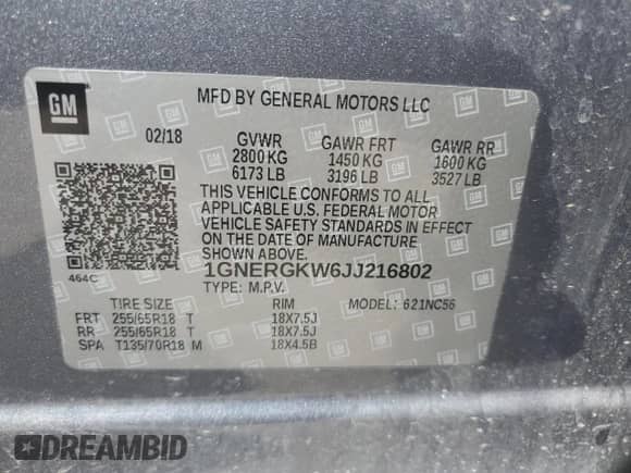 2018 Chevrolet Traverse LT Cloth с VIN 1GNERGKW6JJ216802, выставлен на аукционе Copart как лот 69415965 с пробегом 102 046 миль миль и Списание • Salvage title. История ставок и продаж доступна на DreamBid. Изображение 13.